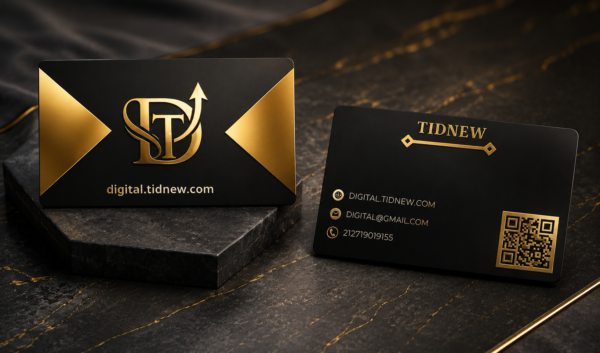 Carte de visite professionnelle gratuite design noir et argenté avec logo TIDNEW, site web et QR code