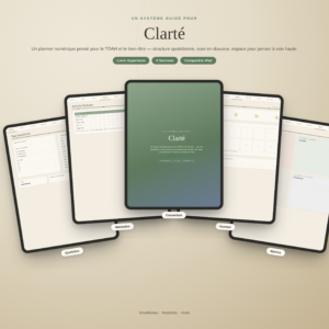 Planificateur numérique TDAH gratuit, page de couverture Clarity, système hyperlié en 9 sections